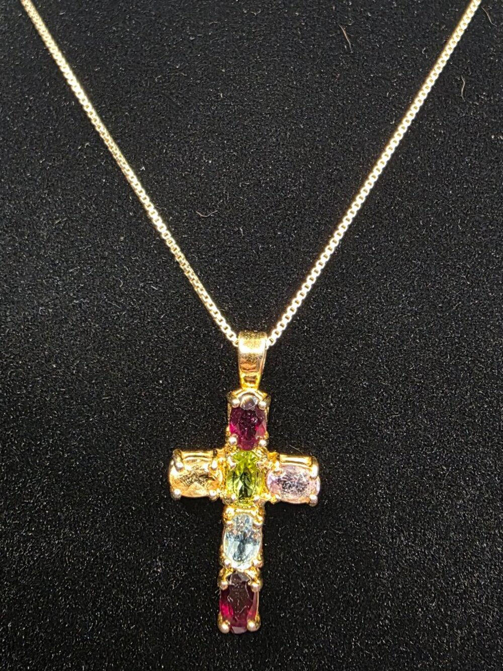 Vintage FAS 925 Sterling Silver Gold Plated Multi Gemstone Cross Necklace 18"